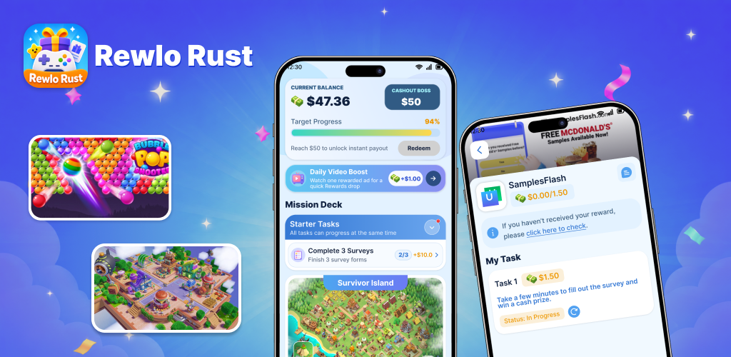 Rewlo Rust app preview showing tasks and reward progress